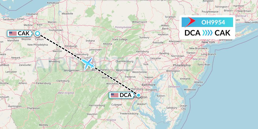 OH9954 PSA Airlines Flight Map: Washington to Akron