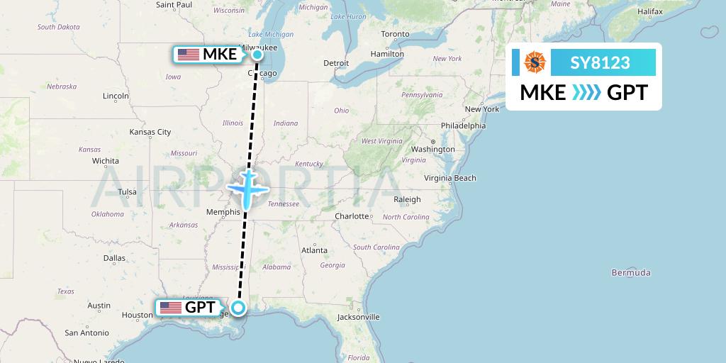 SY8123 Sun Country Airlines Flight Map: Milwaukee to Gulfport