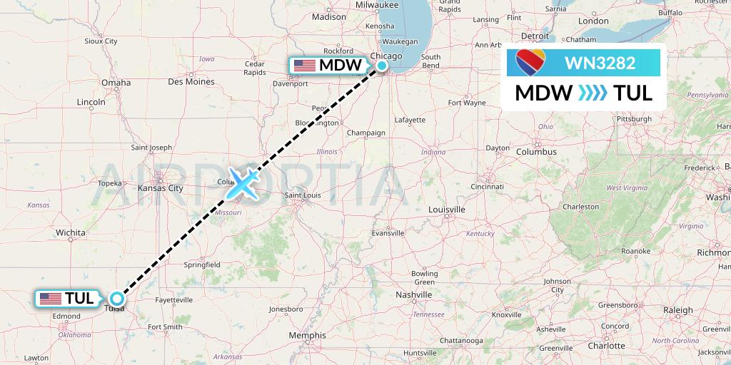 WN3282 Southwest Airlines Flight Map: Chicago to Tulsa
