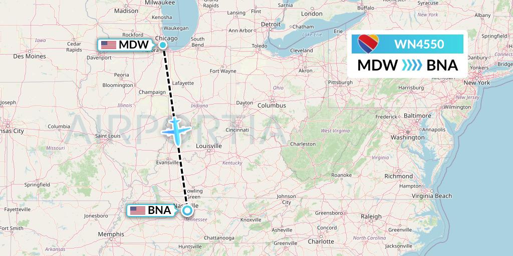 WN4550 Southwest Airlines Flight Map: Chicago to Nashville
