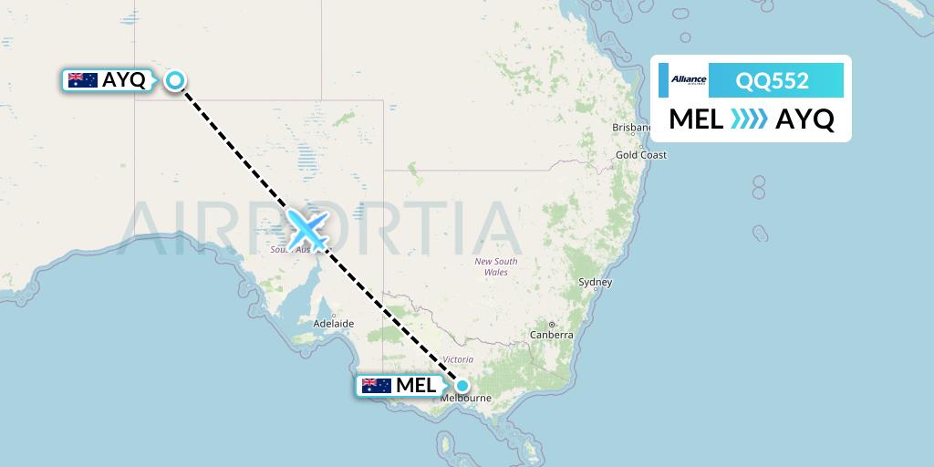 QQ552 Alliance Airlines Flight Map: Melbourne to Ayers Rock
