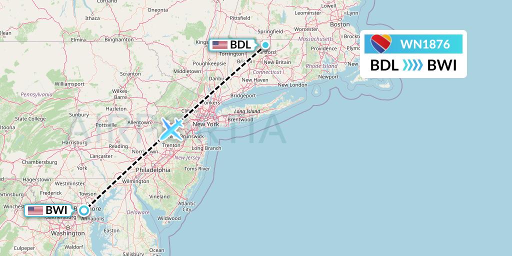WN1876 Southwest Airlines Flight Map: Windsor Locks to Baltimore