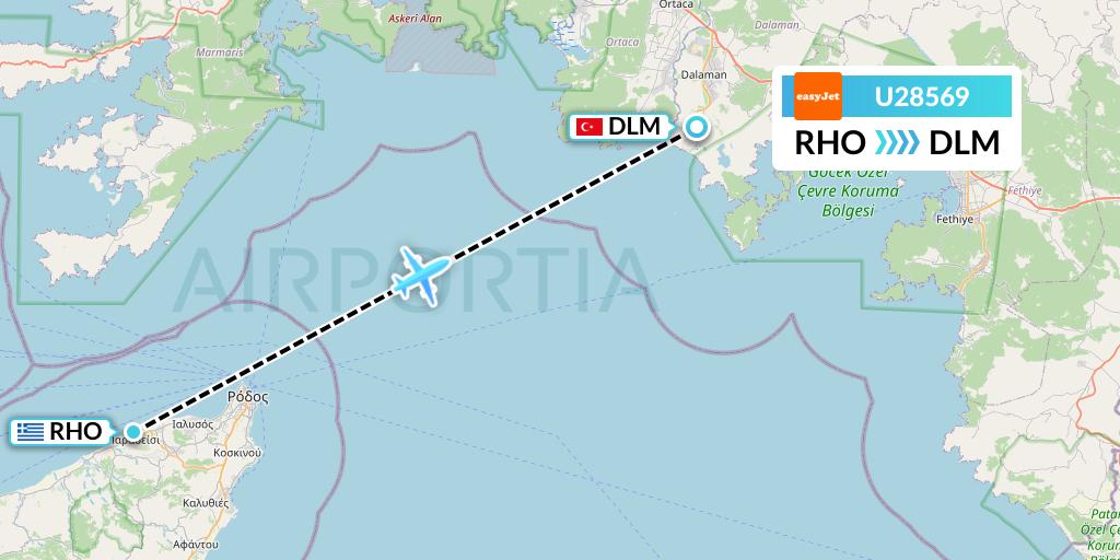 U28569 EasyJet Flight Map: Rhodes to Dalaman