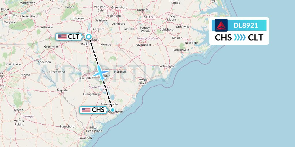 DL8921 Delta Air Lines Flight Map: Charleston to Charlotte