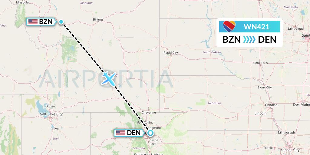 WN421 Southwest Airlines Flight Map: Bozeman to Denver