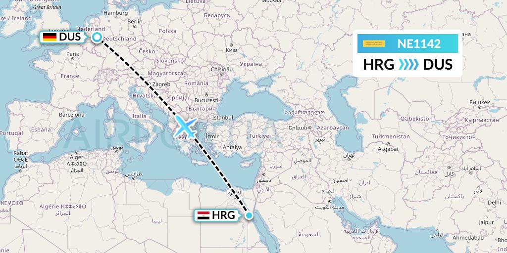NE1142 Nesma Airlines Flight Map: Hurghada to Dusseldorf