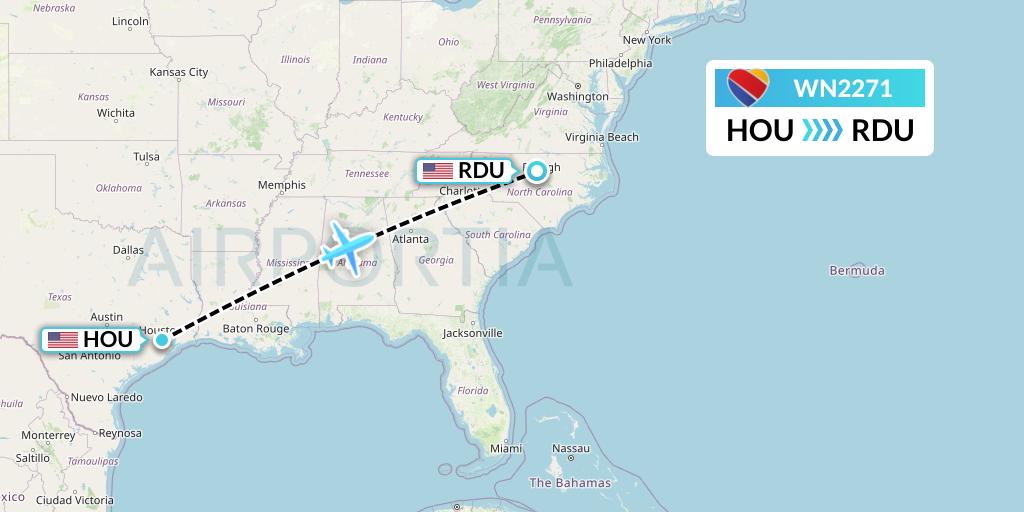 WN2271 Southwest Airlines Flight Map: Houston to Raleigh-Durham