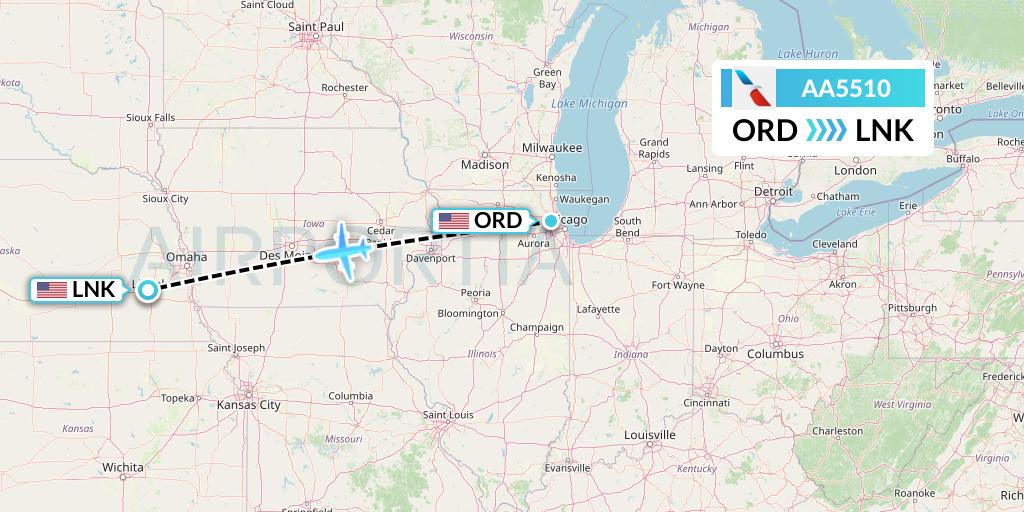 AA5510 American Airlines Flight Map: Chicago to Lincoln