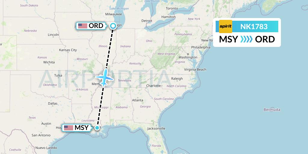 NK1783 Spirit Airlines Flight Map: New Orleans to Chicago
