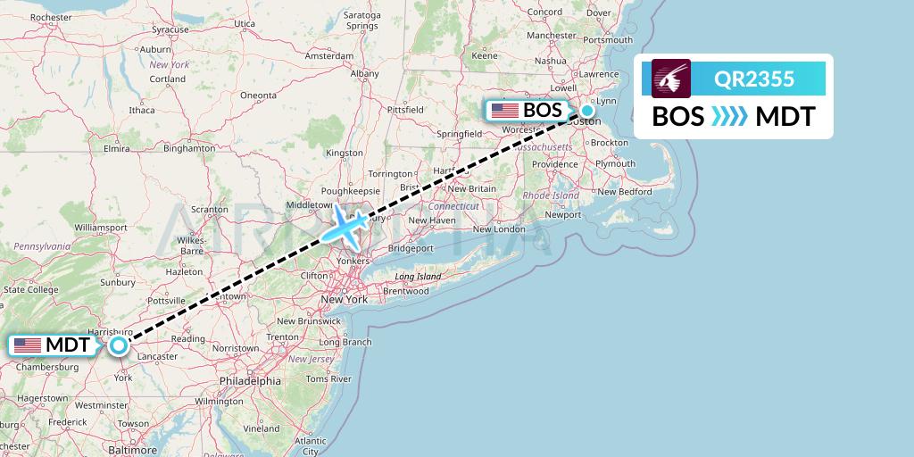 QR2355 Qatar Airways Flight Map: Boston to Harrisburg