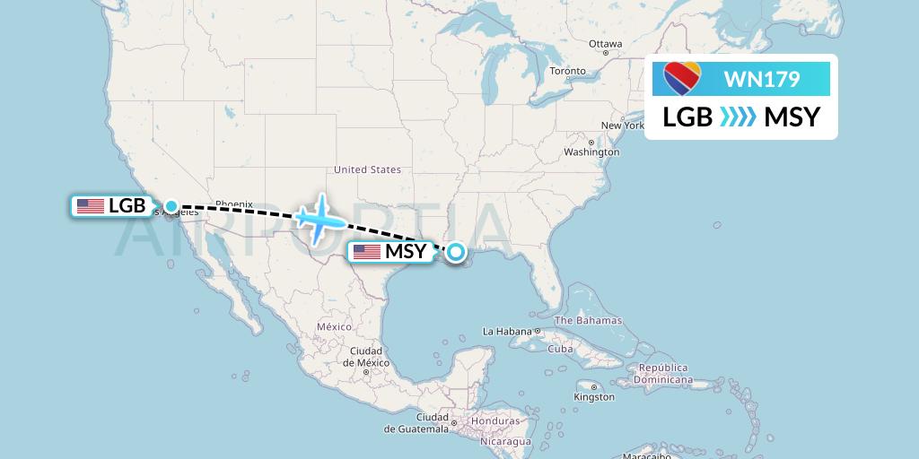 WN179 Southwest Airlines Flight Map: Long Beach to New Orleans