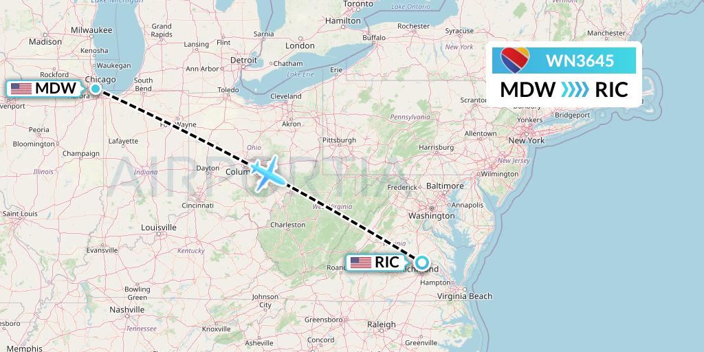 WN3645 Southwest Airlines Flight Map: Chicago to Richmond