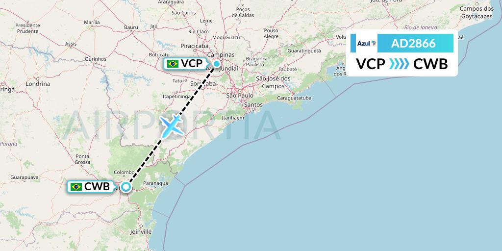 AD2866 Azul Brazilian Airlines Flight Map: Campinas to Curitiba
