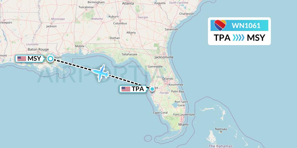 WN1061 Southwest Airlines Flight Map: Tampa to New Orleans