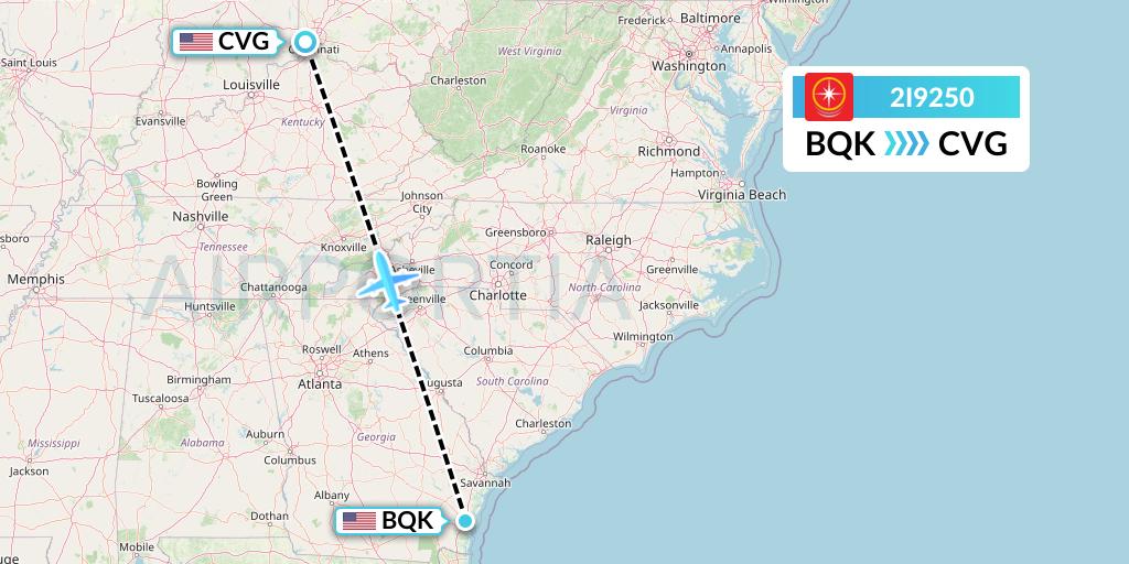 2I9250 Star Peru Flight Map: Brunswick to Cincinnati