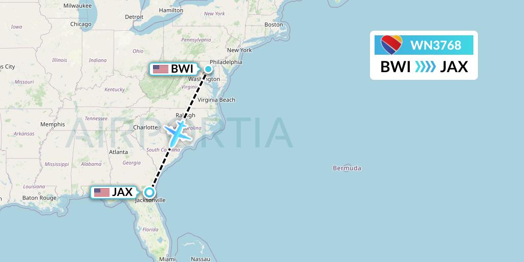 WN3768 Southwest Airlines Flight Map: Baltimore to Jacksonville