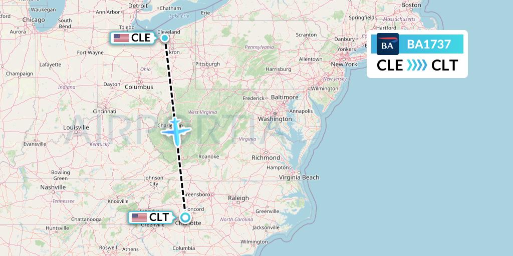 BA1737 British Airways Flight Map: Cleveland to Charlotte