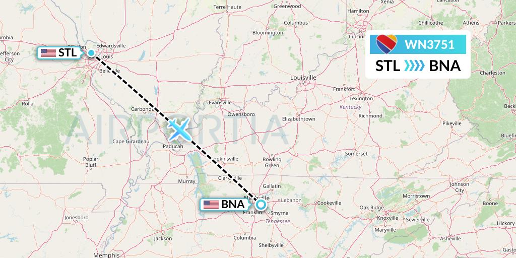 WN3751 Southwest Airlines Flight Map: St. Louis to Nashville