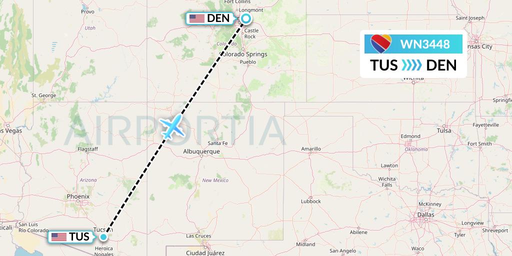 WN3448 Southwest Airlines Flight Map: Tucson to Denver