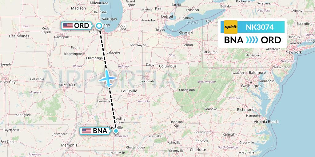 NK3074 Spirit Airlines Flight Map: Nashville to Chicago