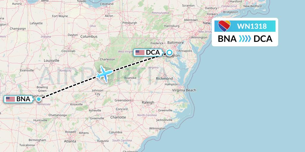 WN1318 Southwest Airlines Flight Map: Nashville to Washington