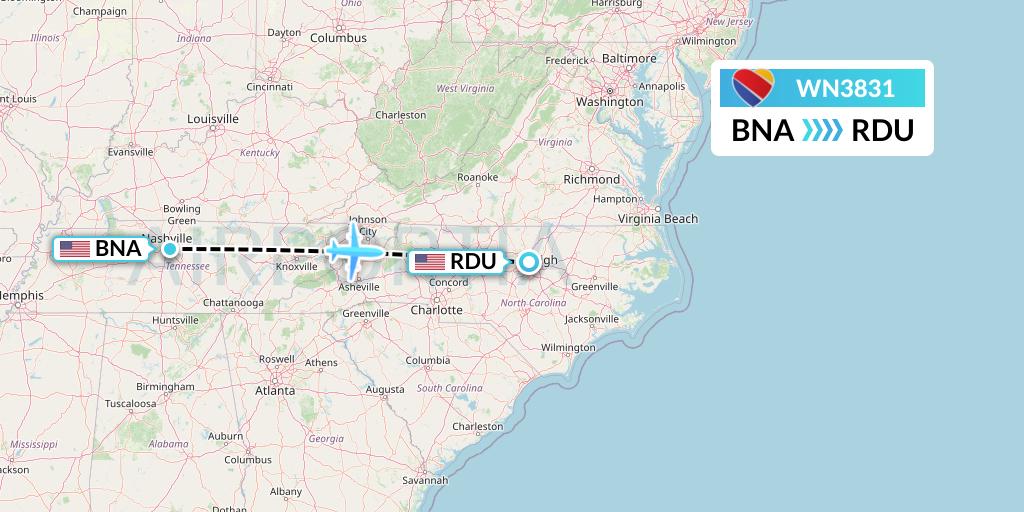 WN3831 Southwest Airlines Flight Map: Nashville to Raleigh-Durham