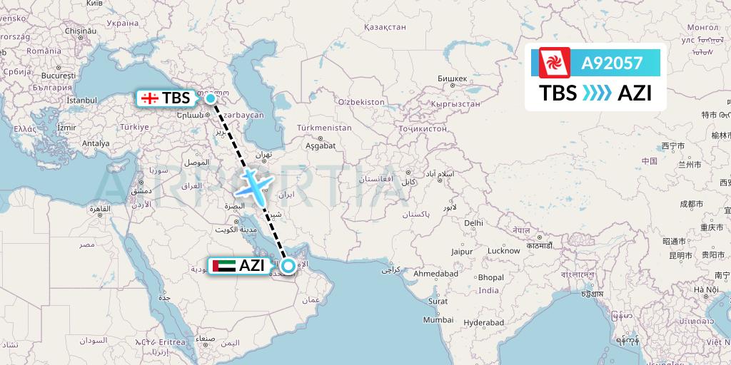 A92057 Georgian Airways Flight Map: Tbilisi to Abu Dhabi