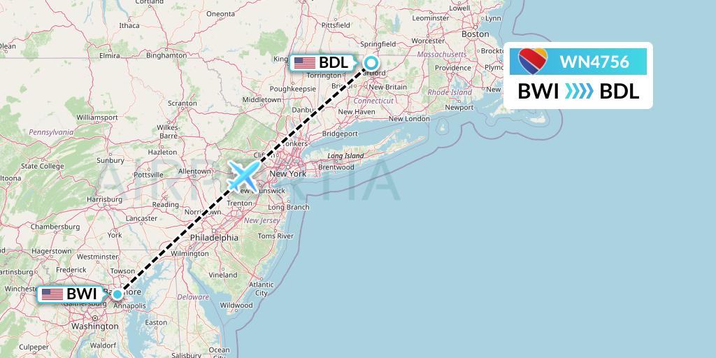 WN4756 Southwest Airlines Flight Map: Baltimore to Windsor Locks