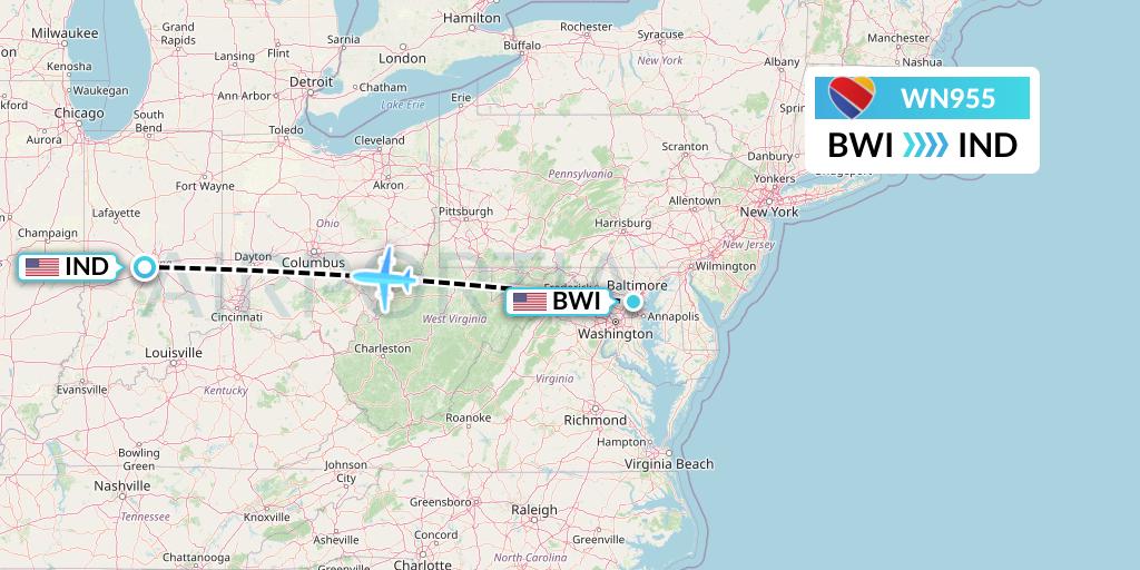 WN955 Southwest Airlines Flight Map: Baltimore to Indianapolis