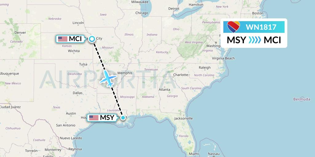 WN1817 Southwest Airlines Flight Map: New Orleans to Kansas City