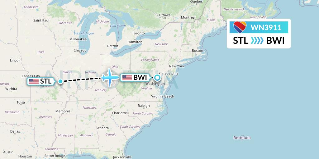 WN3911 Southwest Airlines Flight Map: St. Louis to Baltimore