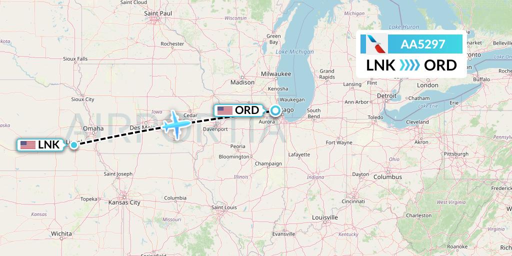 AA5297 American Airlines Flight Map: Lincoln to Chicago
