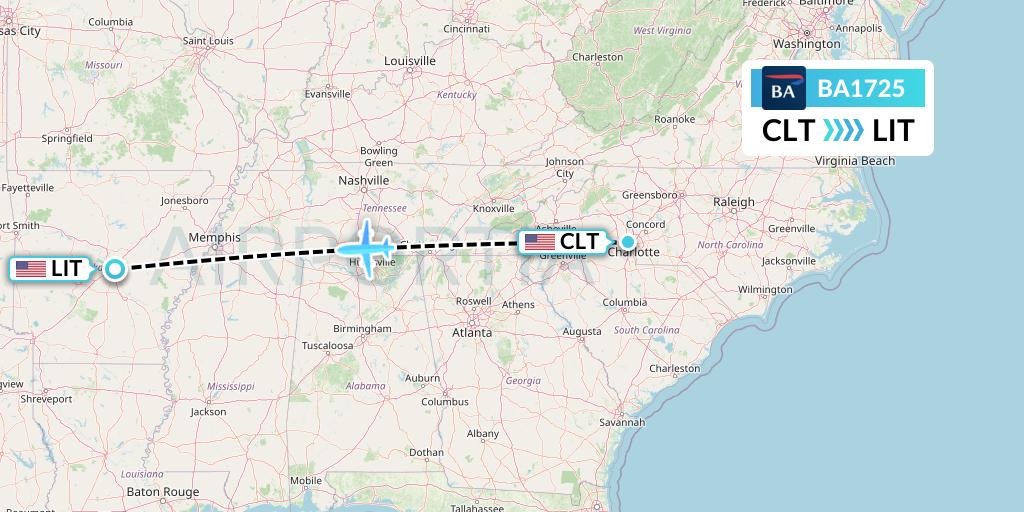BA1725 British Airways Flight Map: Charlotte to Little Rock