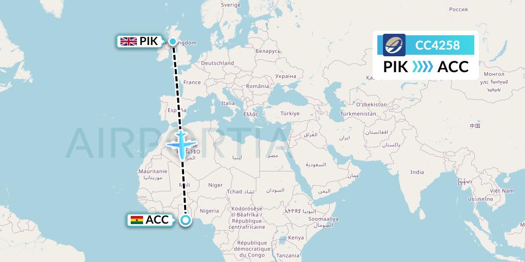 CC4258 CM Airlines Flight Map: Prestwick to Accra