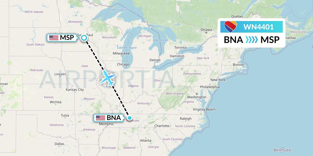 WN4401 Southwest Airlines Flight Map: Nashville to Minneapolis