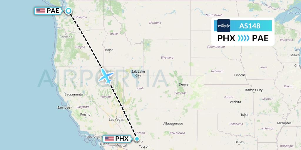 AS148 Alaska Airlines Flight Map: Phoenix to Everett