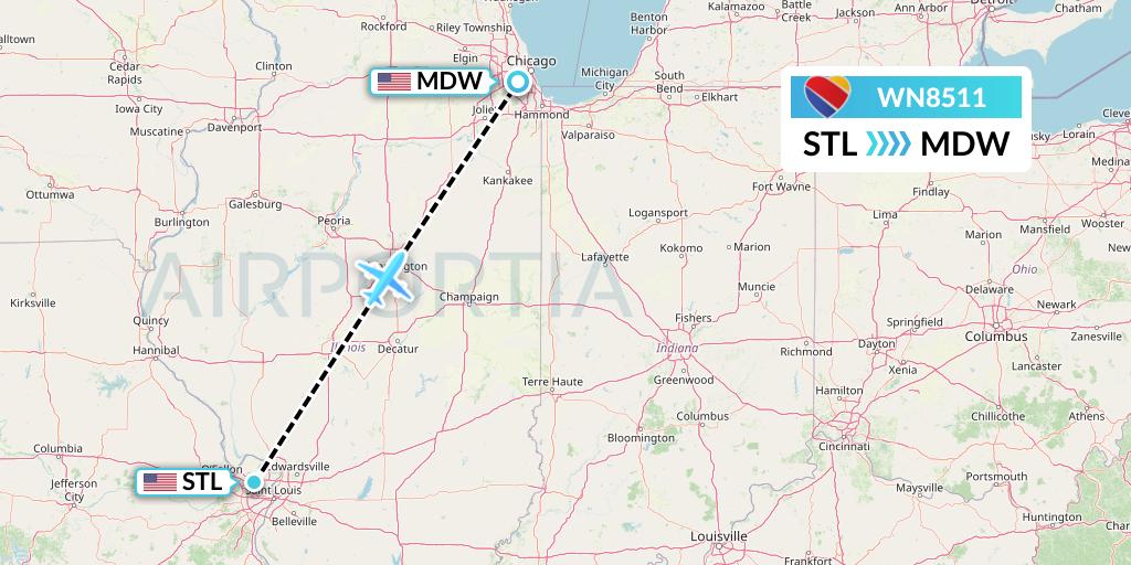 WN8511 Southwest Airlines Flight Map: St. Louis to Chicago