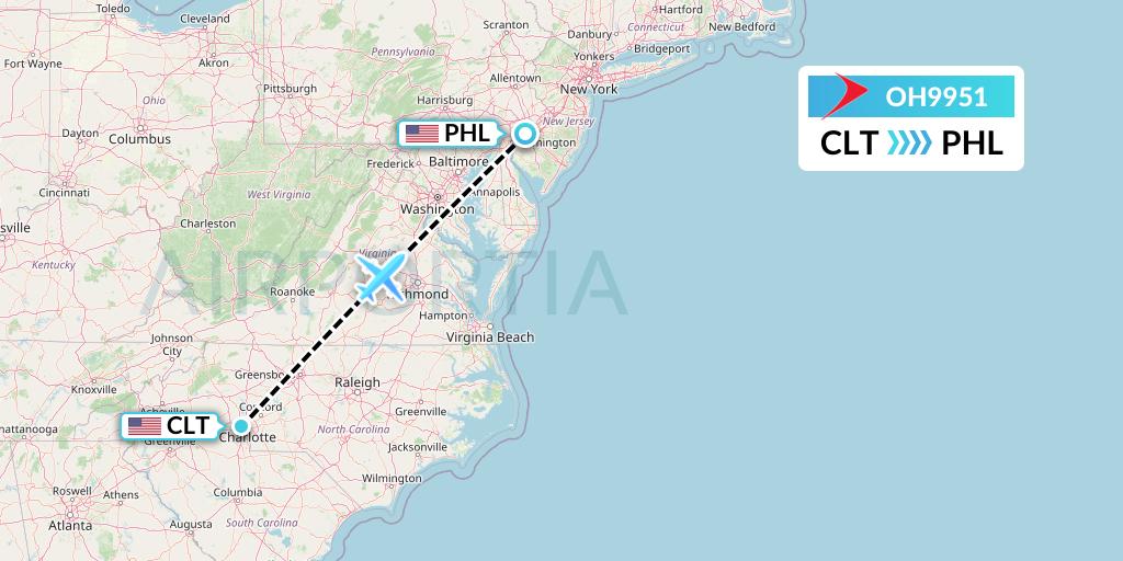 OH9951 PSA Airlines Flight Map: Charlotte to Philadelphia