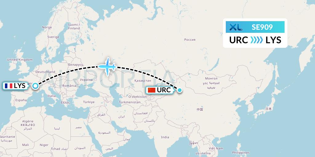 SE909 XL Airways France Flight Map: Urumqi to Lyon
