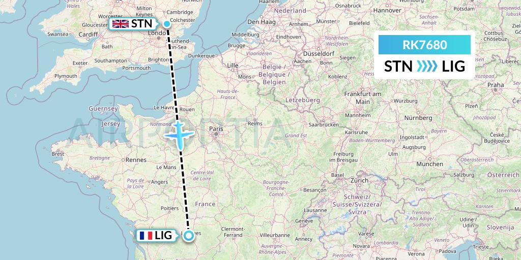RK7680 Ryanair UK Flight Map: London to Limoges