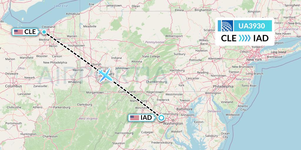 UA3930 United Airlines Flight Map: Cleveland to Washington