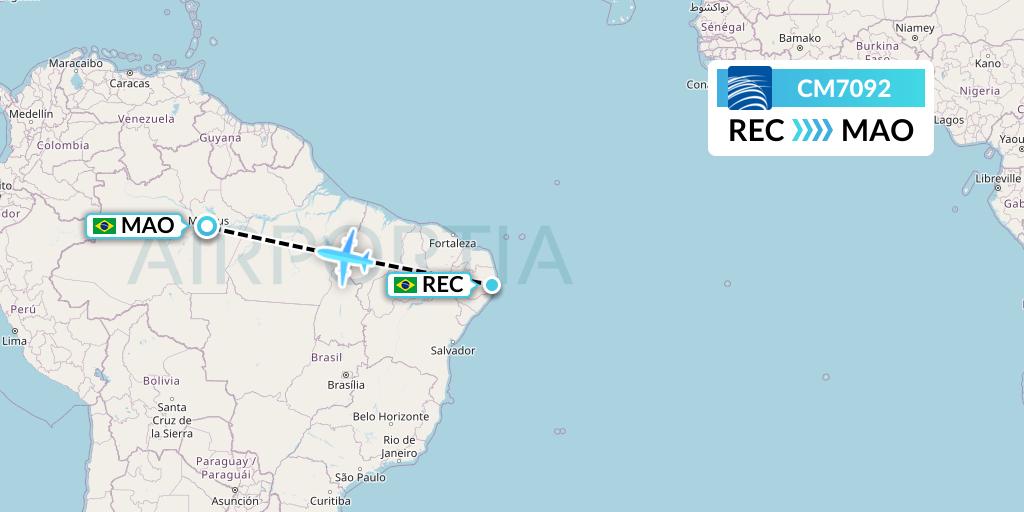 CM7092 Copa Airlines Flight Map: Recife to Manaus