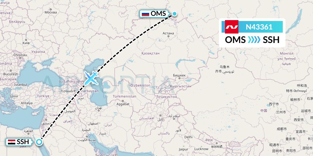 N43361 Nordwind Airlines Flight Map: Omsk to Sharm el-Sheikh