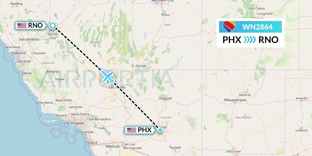 WN2864 Southwest Airlines Flight Map: Phoenix to Reno