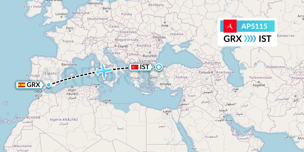 AP5115 AlbaStar Flight Map: Granada to Istanbul