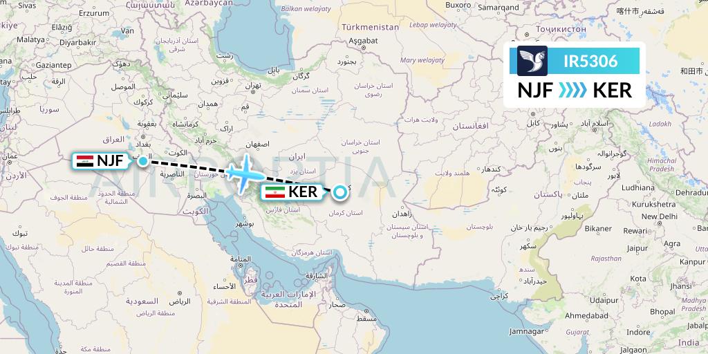 IR5306 Iran Air Flight Map: Najaf to Kerman