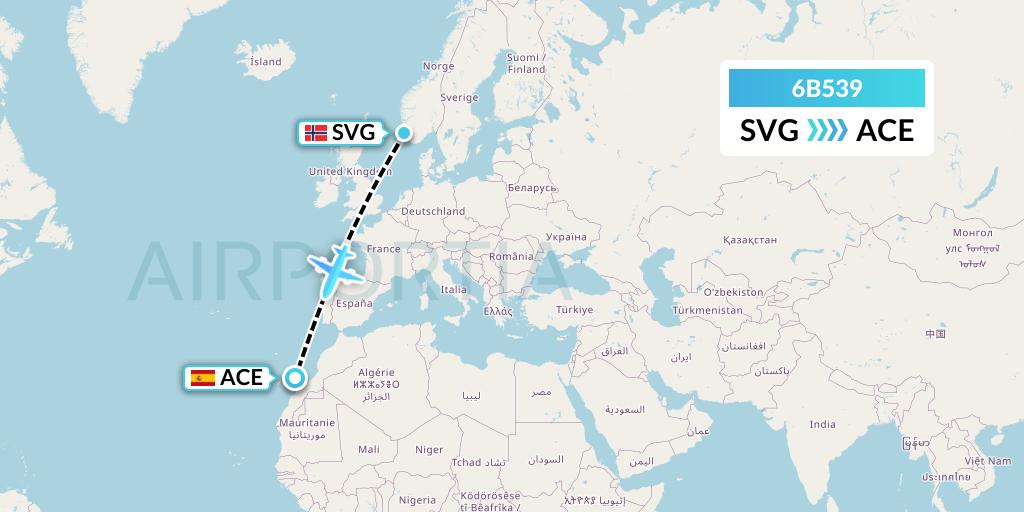 6B539 TUI fly Nordics Flight Map: Stavanger to Lanzarote