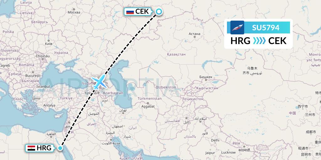 SU5794 Aeroflot Flight Map: Hurghada to Chelyabinsk