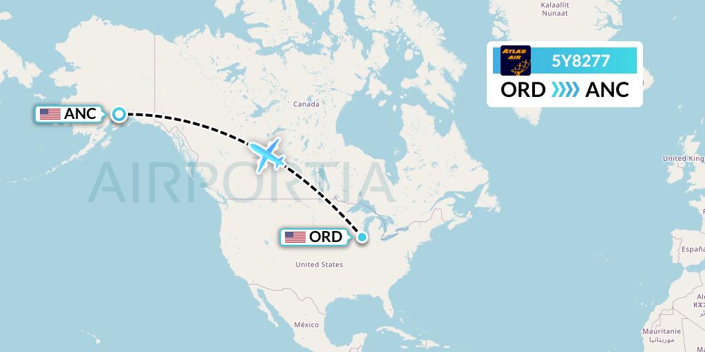 5Y8277 Atlas Air Flight Map: Chicago to Anchorage