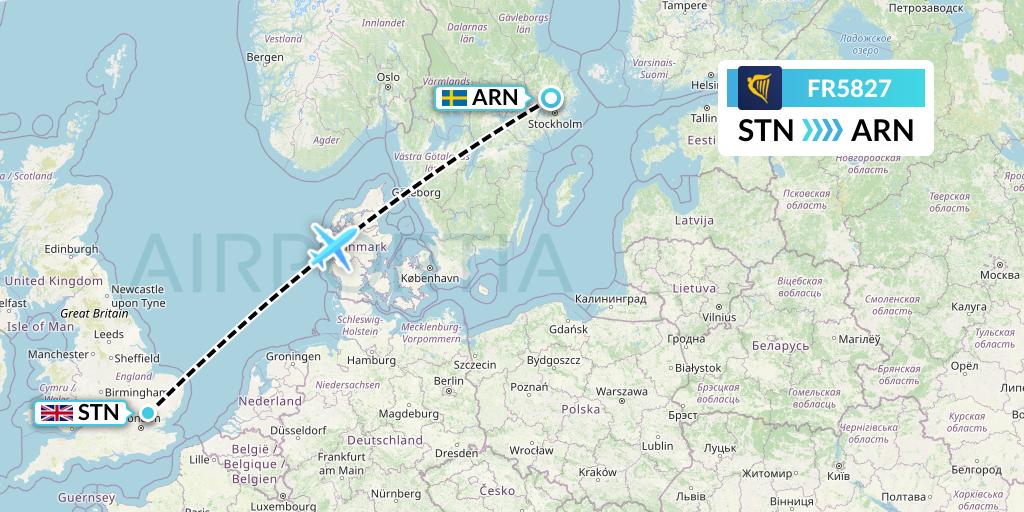 FR5827 Ryanair Flight Map: London to Stockholm